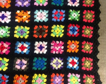 Vintage "Granny Square" Afghan Rectangular Blanket - Large - Bright Color on Black