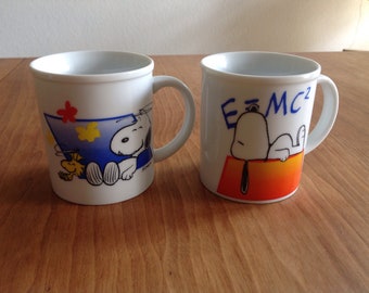 Vintage Snoopy Woodstock Mugs - Outrageously Happy & Life is Easy - Set of 2