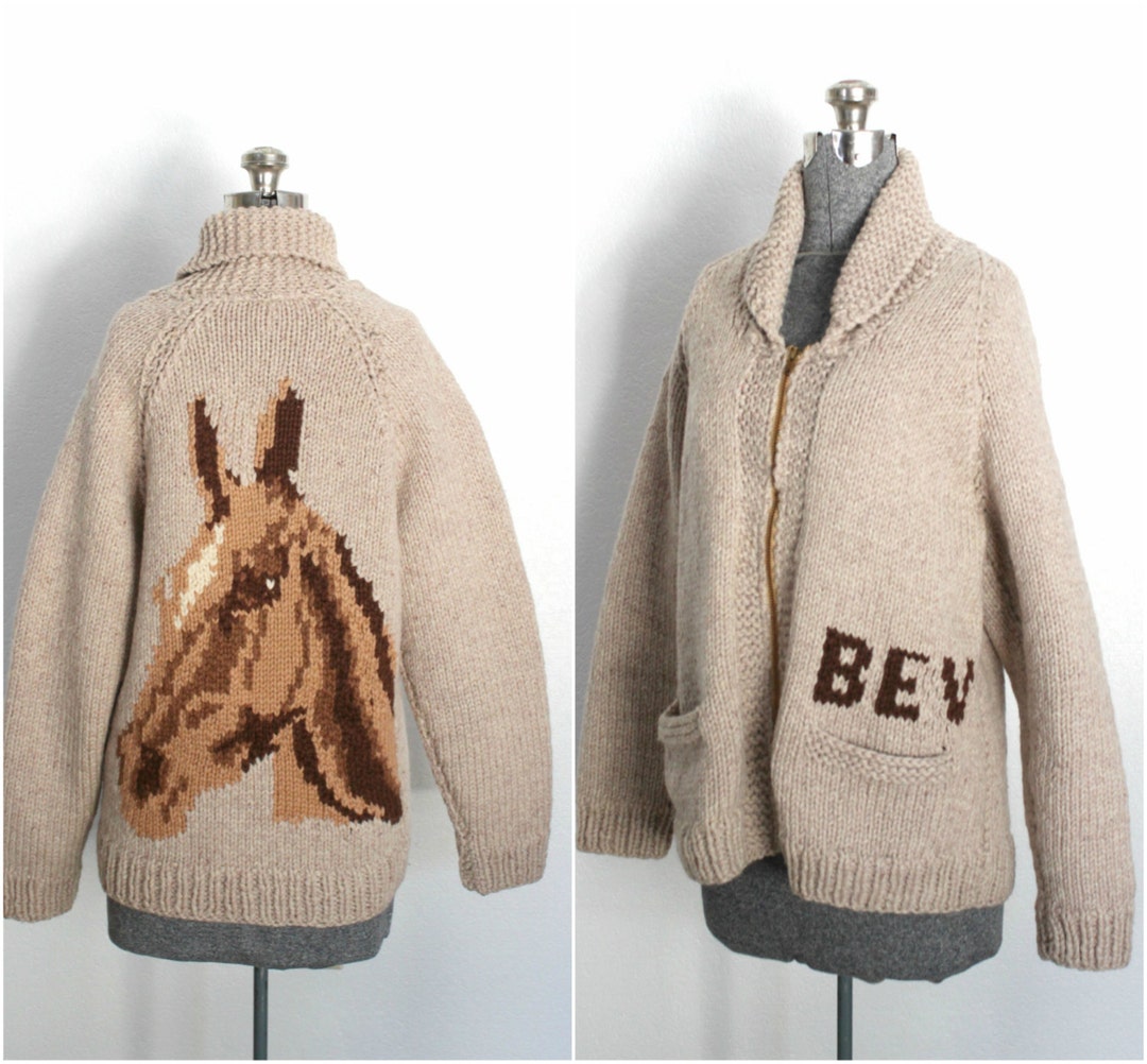 1960s Cowichan Horse Sweater bev Thick Nobby Beige Wool Handmade