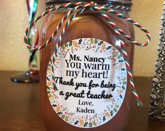 Teacher gift customized  16 oz soy Candle hand poured in a ball mason jar