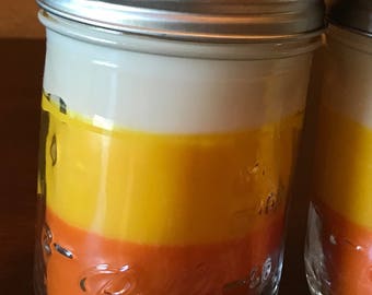 3 Fall  candy corn scented Candles, 8 oz soy candle, candy corn, hand poured in a ball mason jar, Halloween, fall, thanksgiving pumpkin