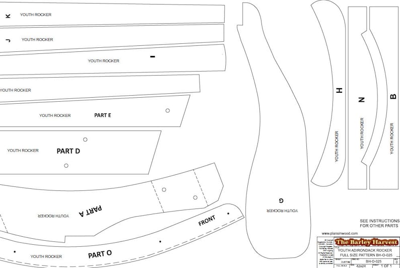 Ritningar för Adirondack-gungstolar i juniorstorlek - Nedladdningsbara PDF-utskrifter av mönster i full storlek på en 24"x36" flatbäddsplotter, hos ett lokalt tryckeri bild 5