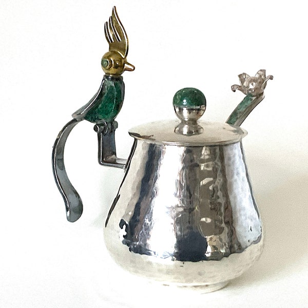 BIRD  Handled SUGAR BOWL with Lid and Matching Spoon Los Castillo Mexico Mid-Century Silver Plate