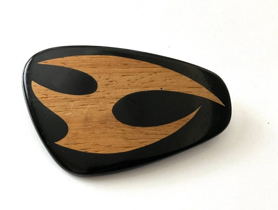 Hans HANSEN BROOCH Black Resin with AbstractWood … - image 2