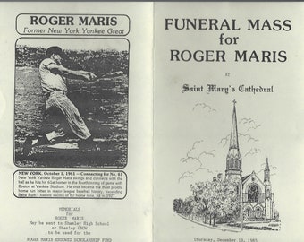 NY Yankee Home Run King Roger Maris Funeral Mass Program "Rare" Mint Condition + FREE SHIPPING!!