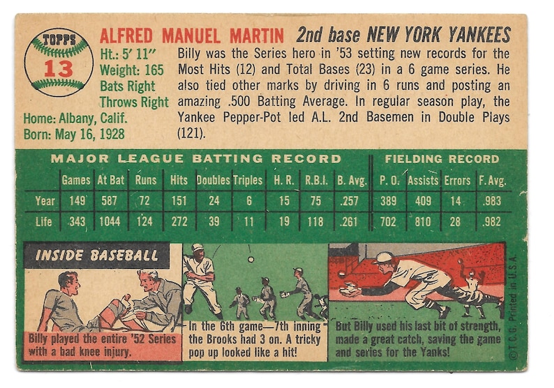 Bonus Autographs 1954 Topps NY Yankee Second Baseman Billy Martin Vintage Baseball Card LQQK Best Offers Free Shipping!