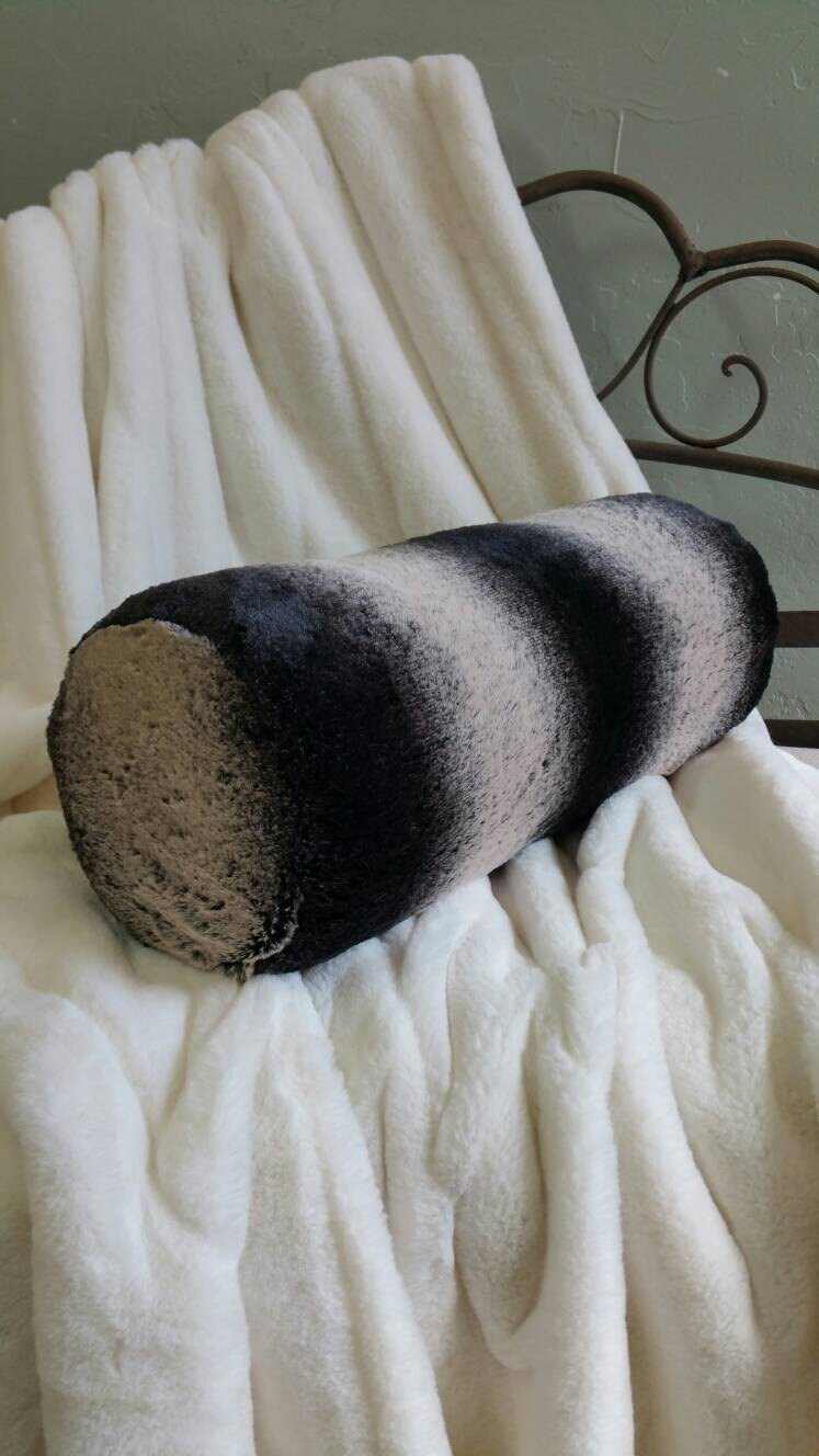 Black Frosted Chinchilla Faux Fur Bolster Neck Roll Pillow With Or