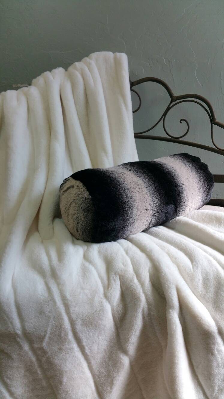 Black Frosted Chinchilla Faux Fur Bolster Neck Roll Pillow With Or