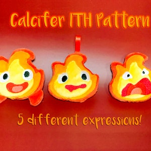 May include: Three plush fire spirit characters with different facial expressions. The characters are orange and yellow with black eyes and red mouths. The text "Calcifers ITH Pattern" and "5 different expressions!" is visible in the image.