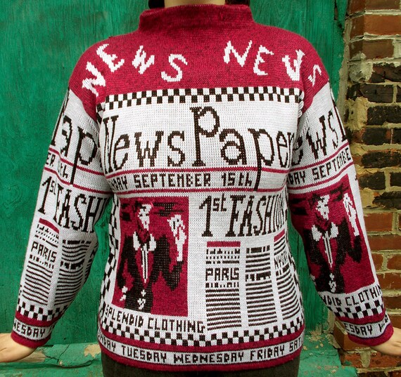 Items similar to Vintage 1980s sweater, crazy News Paper design, soft ...