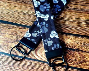 Black Paw and Bone Print Fabric Key Fob Wristlet for Pet Lovers , key organizer for her , Cute Dog Gift ,