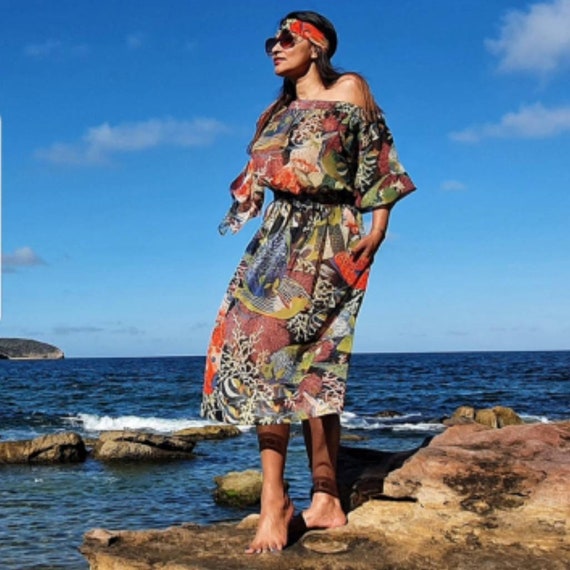 Vintage 80s Prue Acton Ocean Seascape Dress EC