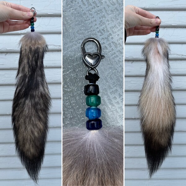 Handmade OOAK Coyote Tail Beaded Keychain - REAL FUR, Multicolor/Black/Teal/Green/Blue Beads - Ready to Ship!