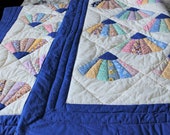 Handmade patchwork cotton quilt 72x85, Vintage wall hanging fan pattern blanket, blue white yellow twin full bedspread