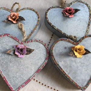 Vintage Tin Hearts Embellished with Metal Roses and Leaves, Shabby Chic Wall Decorative Hearts, Valentine&#39;s Day gift, Rustic Heart with Rose