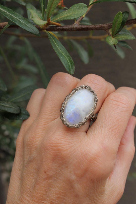Moonstone silver wire crochet adjustable ring, handmade gemstone large rainbow moonstone ring