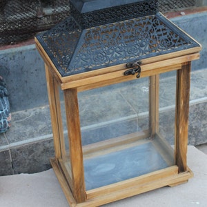 Large Tabletop Hinged Top Terrarium Candle Holder, Succulent Planter Container, Wooden Ornate Garden Glass House