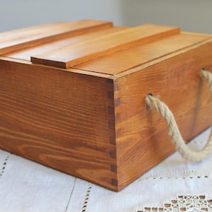 Vintage Wood Crate with Lid and Handles , Rustic Wooden Box Wine Cellar Storage Container
