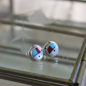 Handmade Multi Color Zuni Inlay Stud Earrings by Emerson Vallo, Native Americans tribal art jewelry