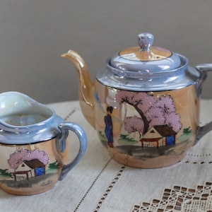 Vintage Japanese Lusterware Teapot with Creamer, Hand Painted Peach Pink Lady Cherry Blossoms motive