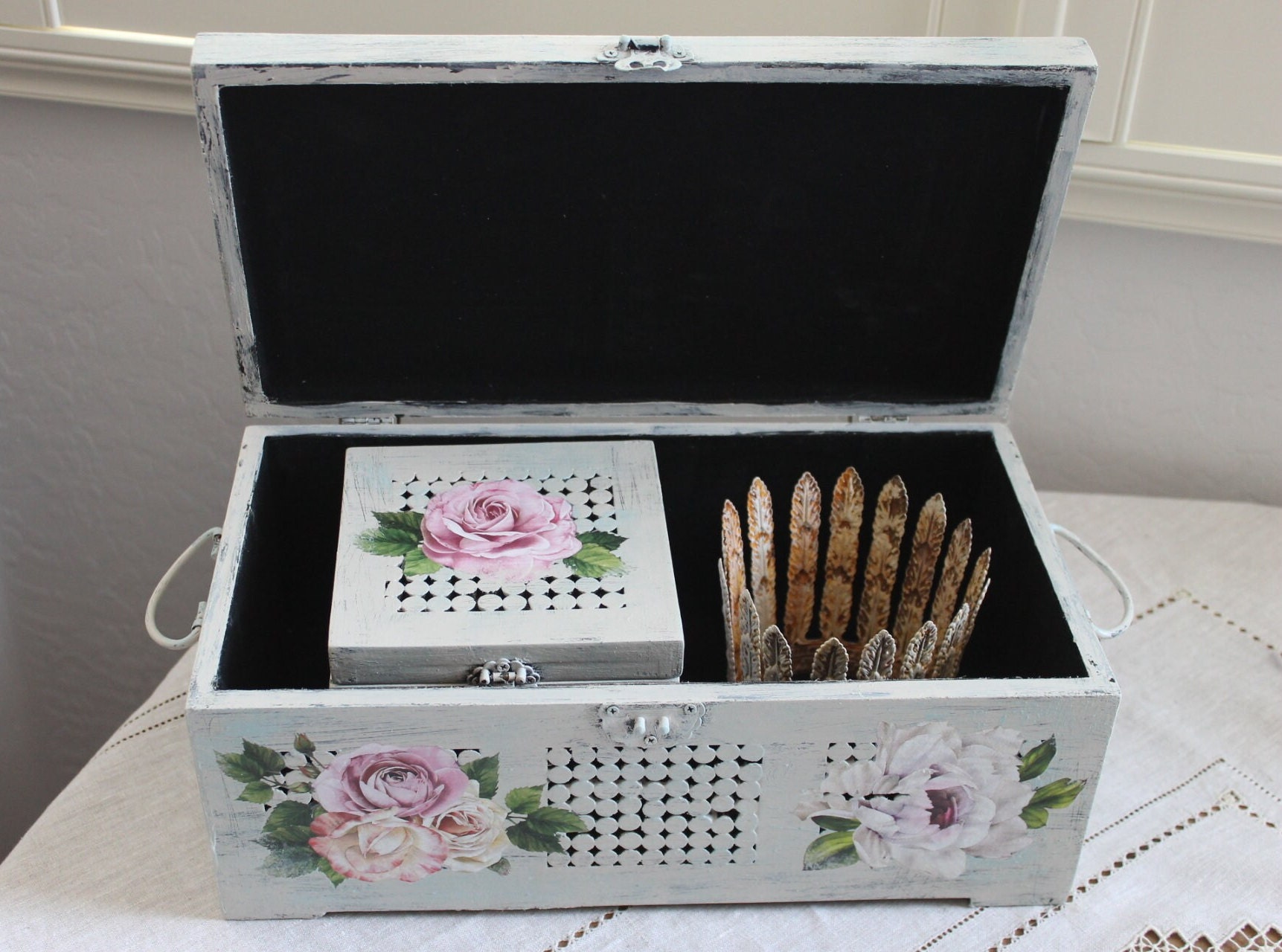 Handmade Vintage Wooden Storage Box With Pink White Roses, Botanical ...