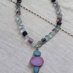 Vintage Fluorite Beaded Hand-knotted Necklace, Druzy Purple Quartz Pendant