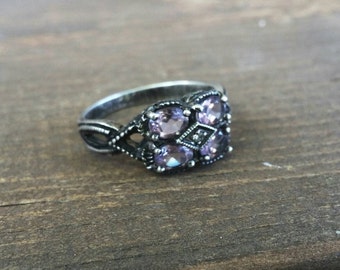 Sterling Silver Genuine Amethyst Marcasite Diamond Vintage Ring, Art Deco Style ring with filigree details, size 9.25