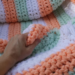 Handmade Stripped Baby Blanket Rug, Knitted Yarn Crochet Thick Lap Cozy Throw Afghan under 75, Mint Green Orange Peach Chunky Knit 66x47
