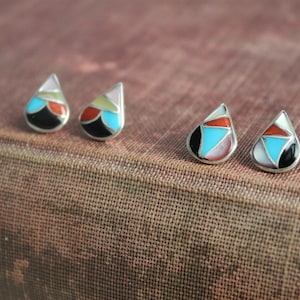 Teardrop Zuni Inlay Sterling Silver Post Stud Earrings, Turquoise Coral MOP multi color gemstones, Authentic Native Americans jewelry