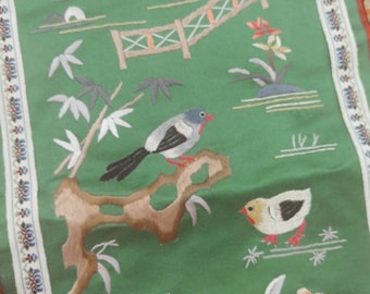 Vintage Asian Chinese Handmade Embroidery Silk Panel, Oriental fabric art