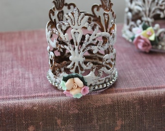 Metal Filigree Crown: Vintage Patina, Ceramic Flowers, French Santos Decor