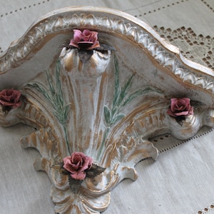 Vintage Baroque Style Wall Corbel Ornate Shelf with Rustic Pink Roses, Mid Century Shabby Chic Corbels