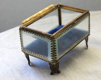 Könnte beinhalten: Eine kleine Glasvitrine mit goldenem Metallrahmen und vier Füßen. Die Vitrine hat eine blaue Samt-Auskleidung und einen Klappdeckel.