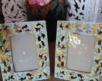 Vintage Ornate Picture Frames: Shabby Chic Gold Leaf, Robin Egg Blue (Set of 2)