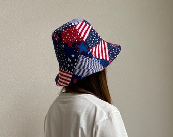 Handmade Quilted Reversible Bucket Hat (S/M) 4th of July. Stars and Stripes. Nautical.