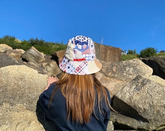 Handmade Bucket Sun Hat. Nautical / Sailing Theme in Red / Off White / Blue with Cord Lock Fastener.