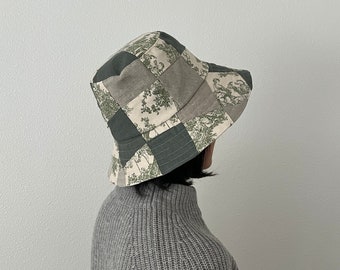 Handmade Quilted Patchworck Bucket Hat in Green / Gray