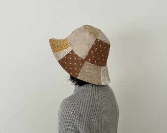 Linen Quilted Bucket Hat in Brown Blue. Medium/Large.