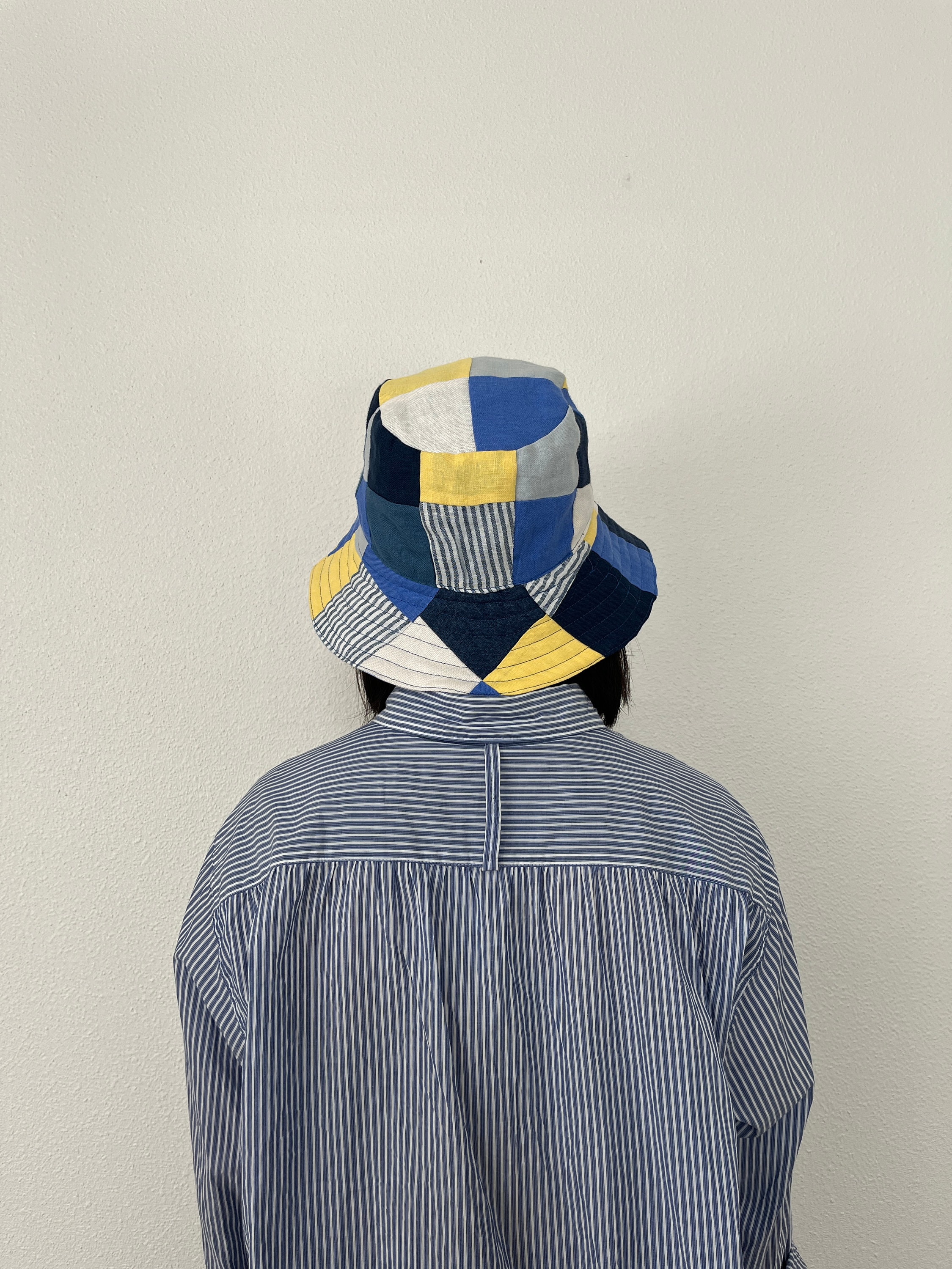Multicolored Handmade Linen Blue Patchwork Quilted Bucket  display picture 2