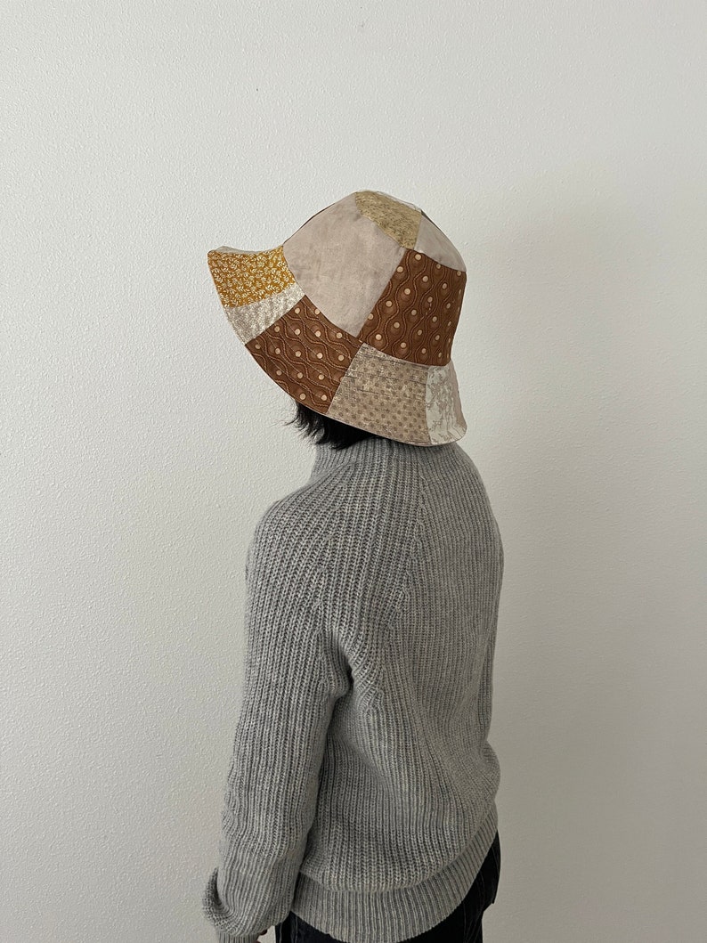 Brown and beige quilted patchwork bucket hat