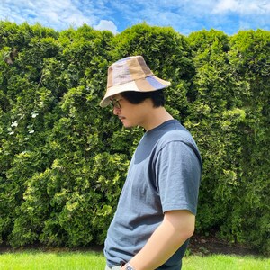 Linen Quilted Bucket Hat in Brown Blue. Medium/Large. image 6