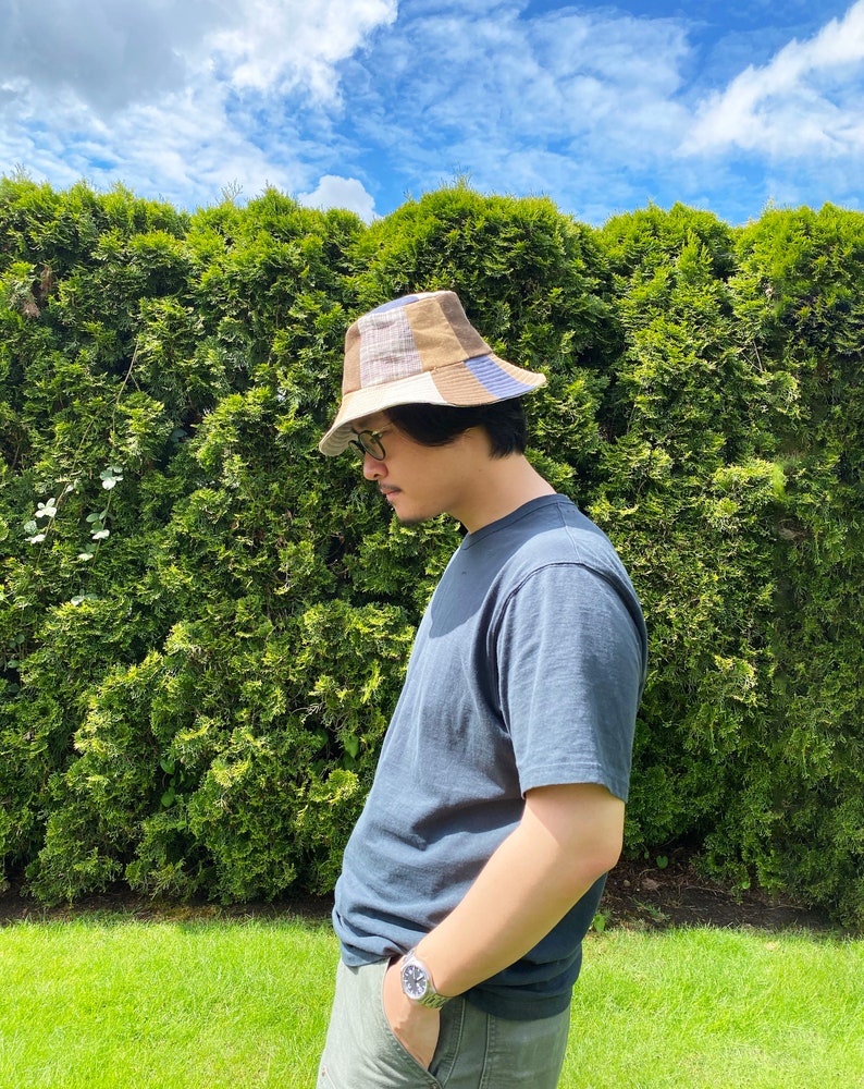 Linen Quilted Bucket Hat in Brown Blue. Medium/Large. image 6