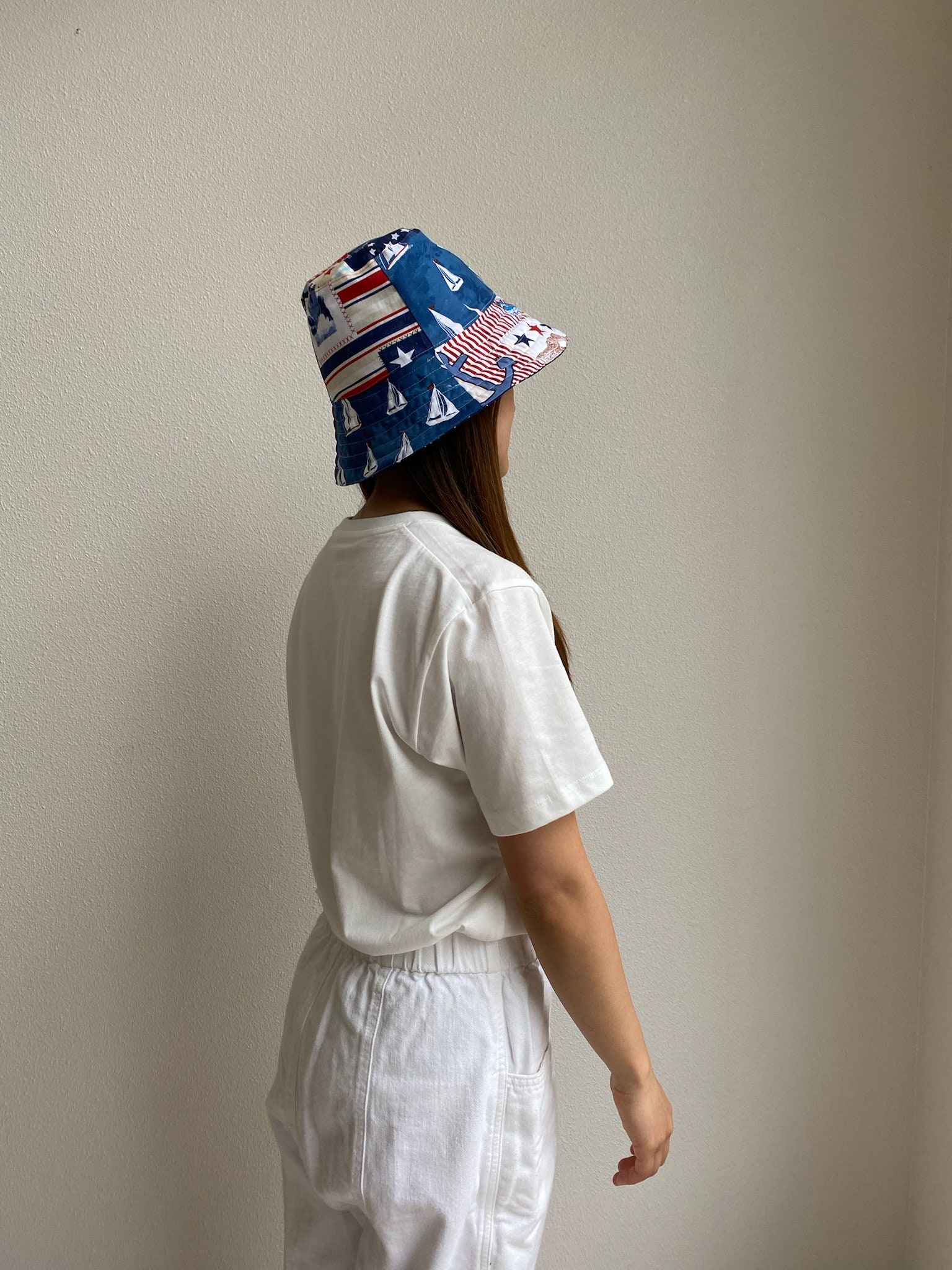 Handmade quilted double sided bucket hat royal blue Handmade Quilted Reversible Bucket Hat (S/M) 4th of July  main image 4