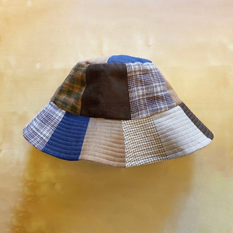 Linen Quilted Bucket Hat in Brown Blue. Medium/Large. image 5