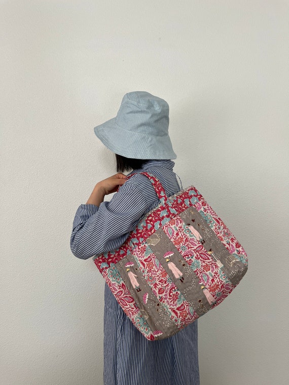 Large pink handmade quilted tote bag tilda fabric