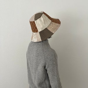 Linen Quilted Bucket Hat in Brown Blue. Medium/Large. image 3