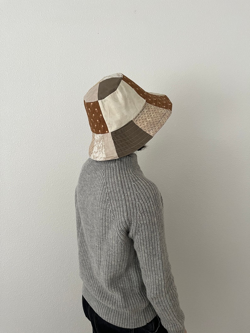 Linen Quilted Bucket Hat in Brown Blue. Medium/Large. image 3