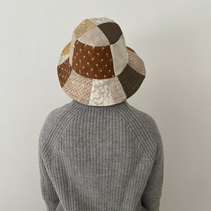 Linen Quilted Bucket Hat in Brown Blue. Medium/Large. image 2