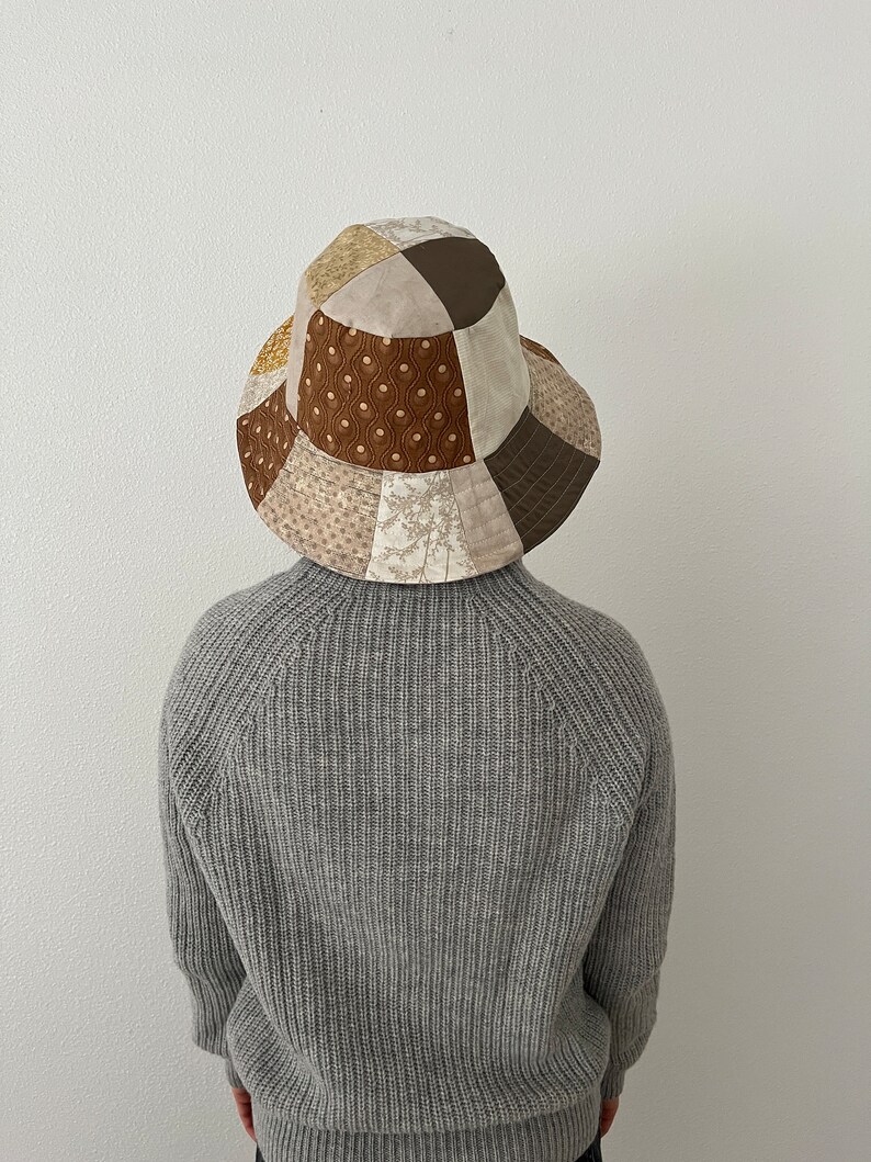 Linen Quilted Bucket Hat in Brown Blue. Medium/Large. image 2