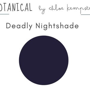 May include: A white background with the text "BOTANICAL by chloe kempster" and "Deadly Nightshade". A dark blue circle is centered below the text. The image is a botanical illustration.